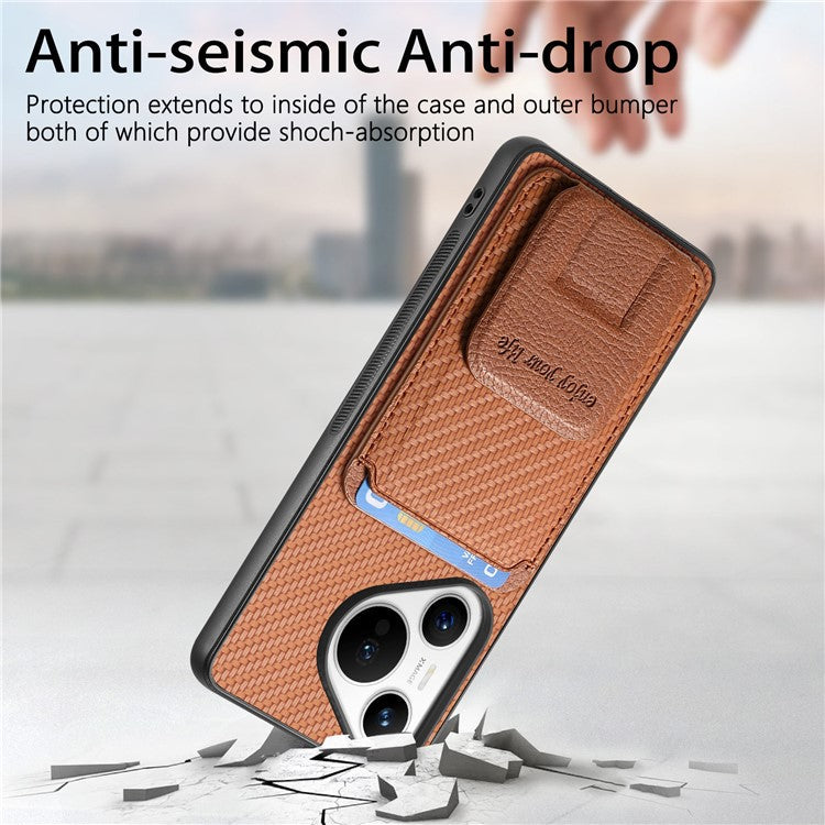 C1-11 for Huawei Pura 70 Case Kickstand Carbon Fiber Texture Leather+TPU Card Slot Phone Cover - Brown