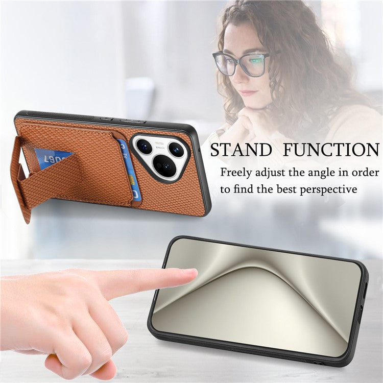 C1-11 for Huawei Pura 70 Case Kickstand Carbon Fiber Texture Leather+TPU Card Slot Phone Cover - Brown