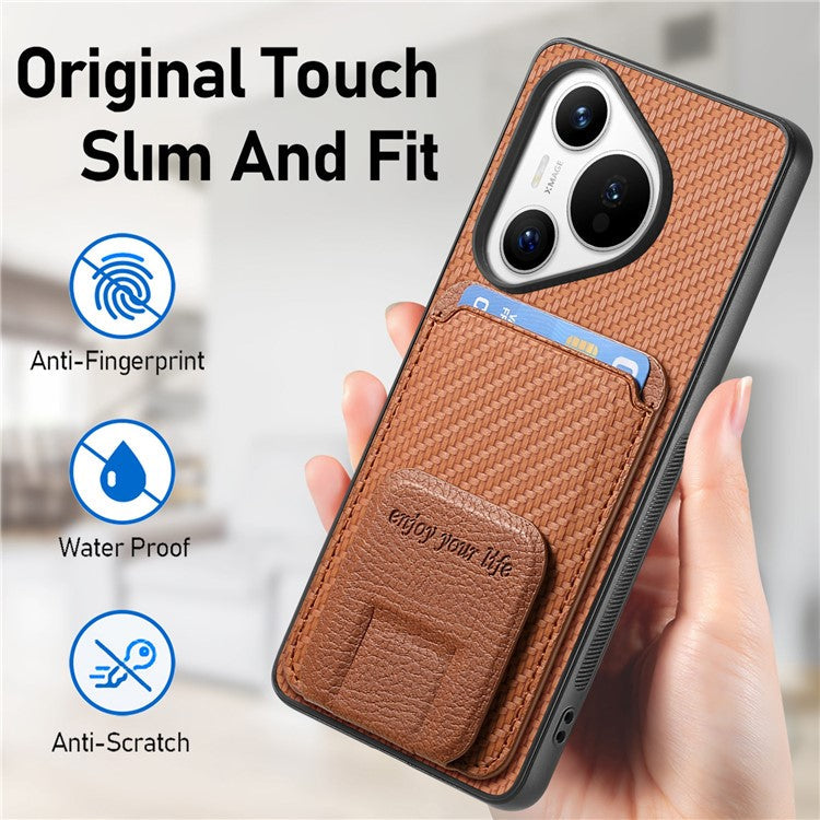 C1-11 for Huawei Pura 70 Case Kickstand Carbon Fiber Texture Leather+TPU Card Slot Phone Cover - Brown