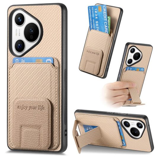 C1-11 for Huawei Pura 70 Case Kickstand Carbon Fiber Texture Leather+TPU Card Slot Phone Cover - Beige