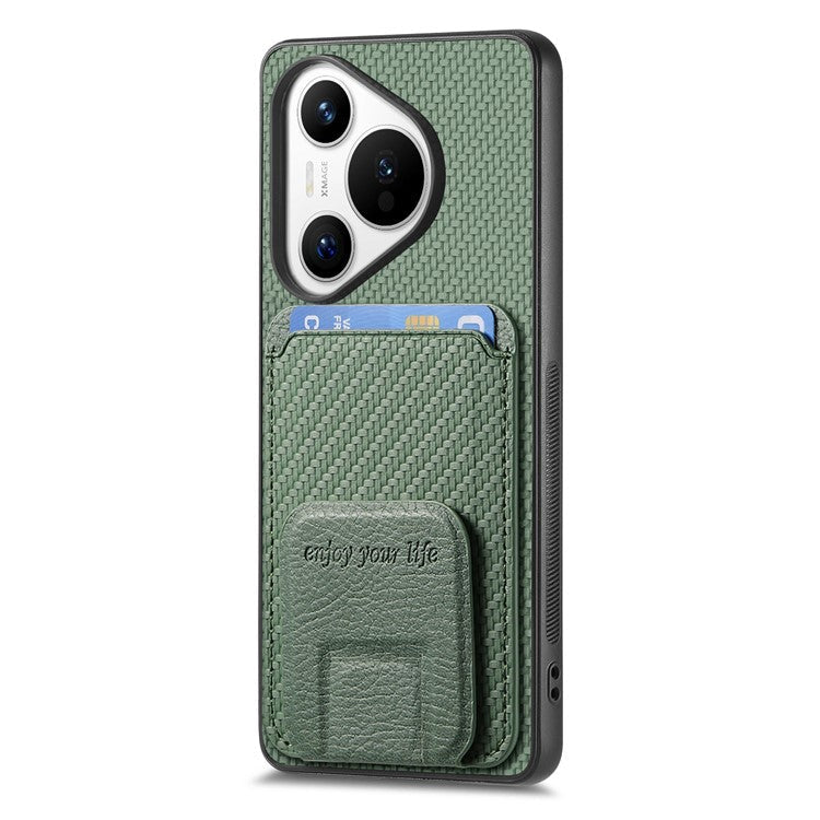 C1-11 for Huawei Pura 70 Case Kickstand Carbon Fiber Texture Leather+TPU Card Slot Phone Cover - Green
