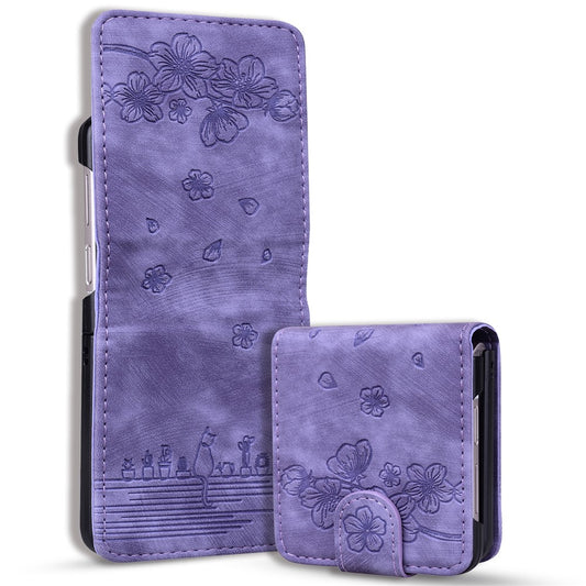 For Samsung Galaxy Z Flip7 FE 5G / Z Flip6 5G Case Leather + PC Cherry Blossom Phone Cover Card Holder - Purple