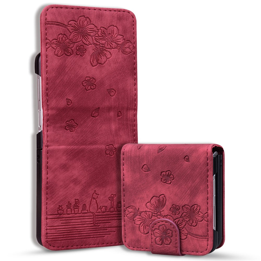 For Samsung Galaxy Z Flip7 FE 5G / Z Flip6 5G Case Leather + PC Cherry Blossom Phone Cover Card Holder - Wine Red