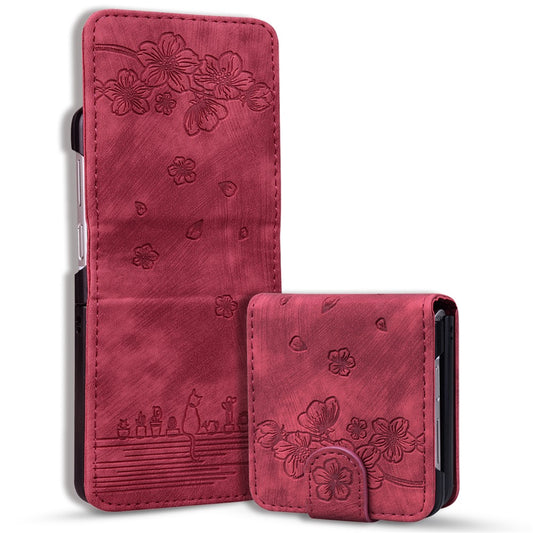 For Samsung Galaxy Z Flip7 FE 5G / Z Flip6 5G Case Leather + PC Cherry Blossom Phone Cover Card Holder - Wine Red