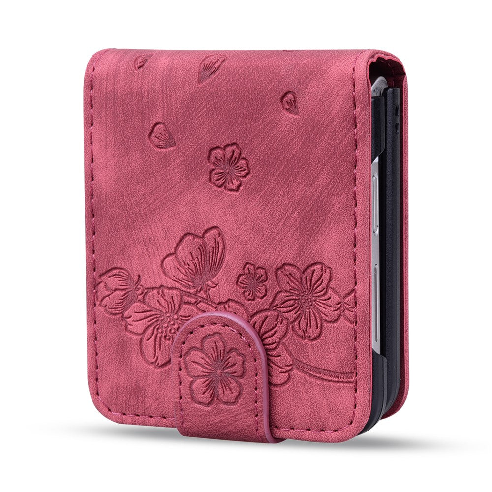 For Samsung Galaxy Z Flip7 FE 5G / Z Flip6 5G Case Leather + PC Cherry Blossom Phone Cover Card Holder - Wine Red