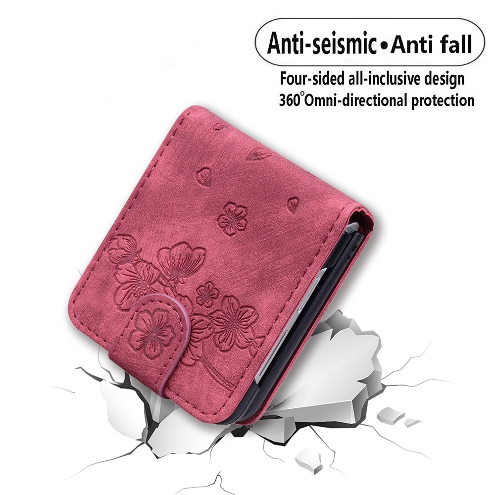 For Samsung Galaxy Z Flip7 FE 5G / Z Flip6 5G Case Leather + PC Cherry Blossom Phone Cover Card Holder - Wine Red