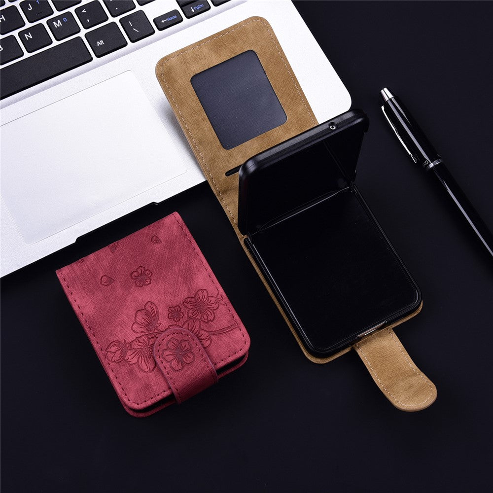 For Samsung Galaxy Z Flip7 FE 5G / Z Flip6 5G Case Leather + PC Cherry Blossom Phone Cover Card Holder - Wine Red