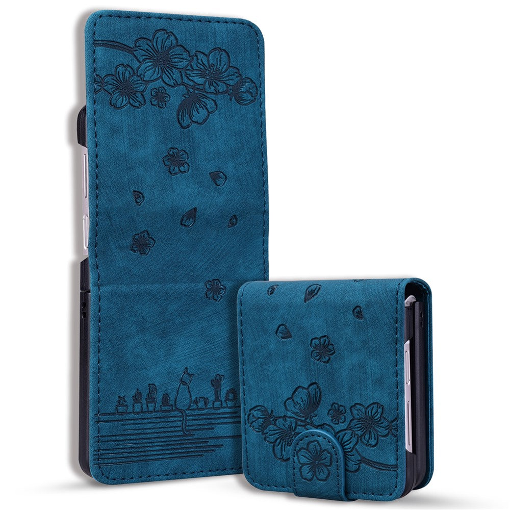 For Samsung Galaxy Z Flip7 FE 5G / Z Flip6 5G Case Leather + PC Cherry Blossom Phone Cover Card Holder - Blue