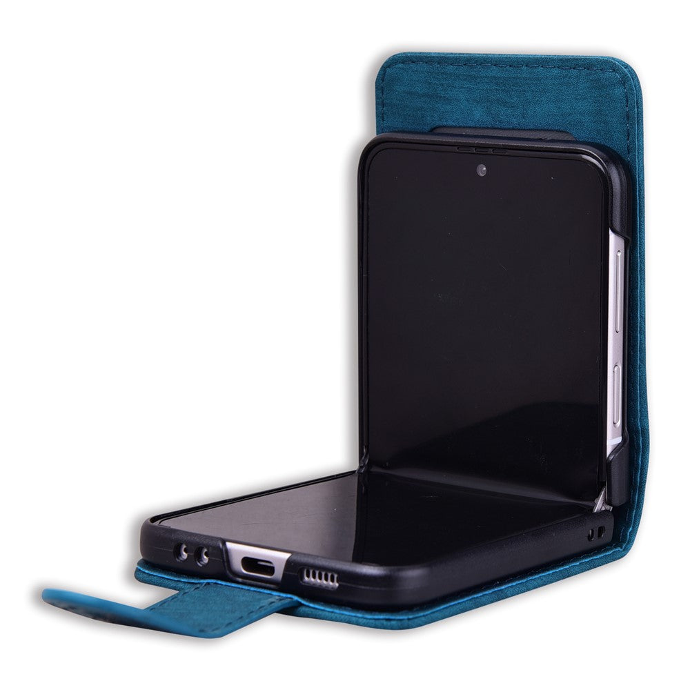 For Samsung Galaxy Z Flip7 FE 5G / Z Flip6 5G Case Leather + PC Cherry Blossom Phone Cover Card Holder - Blue