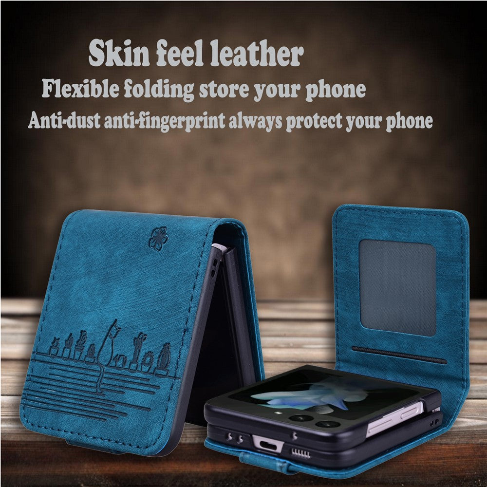 For Samsung Galaxy Z Flip7 FE 5G / Z Flip6 5G Case Leather + PC Cherry Blossom Phone Cover Card Holder - Blue