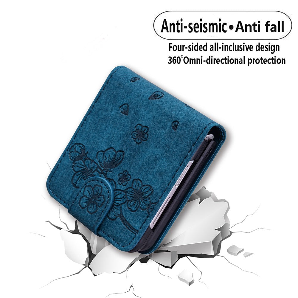 For Samsung Galaxy Z Flip7 FE 5G / Z Flip6 5G Case Leather + PC Cherry Blossom Phone Cover Card Holder - Blue