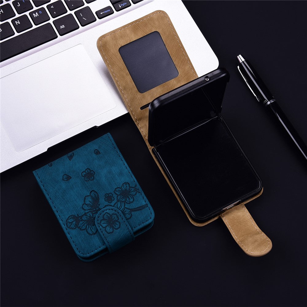 For Samsung Galaxy Z Flip7 FE 5G / Z Flip6 5G Case Leather + PC Cherry Blossom Phone Cover Card Holder - Blue