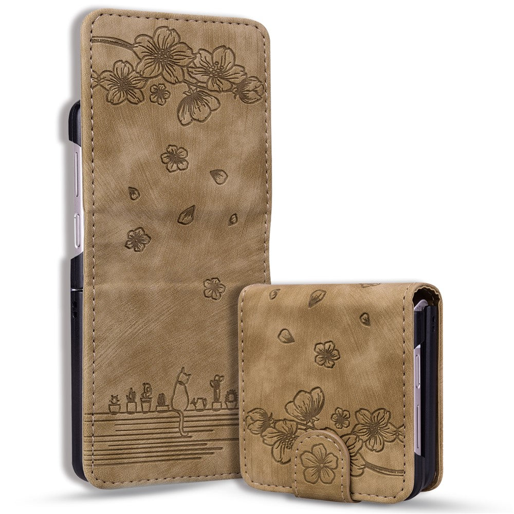 For Samsung Galaxy Z Flip7 FE 5G / Z Flip6 5G Case Leather + PC Cherry Blossom Phone Cover Card Holder - Brown