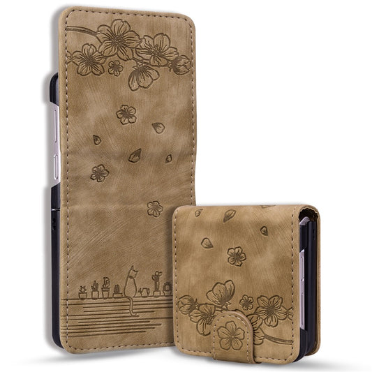 For Samsung Galaxy Z Flip7 FE 5G / Z Flip6 5G Case Leather + PC Cherry Blossom Phone Cover Card Holder - Brown