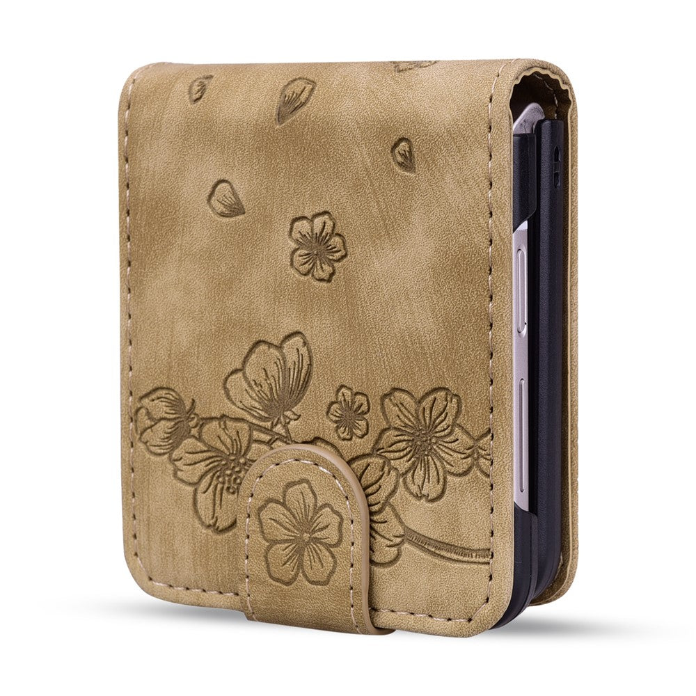 For Samsung Galaxy Z Flip7 FE 5G / Z Flip6 5G Case Leather + PC Cherry Blossom Phone Cover Card Holder - Brown