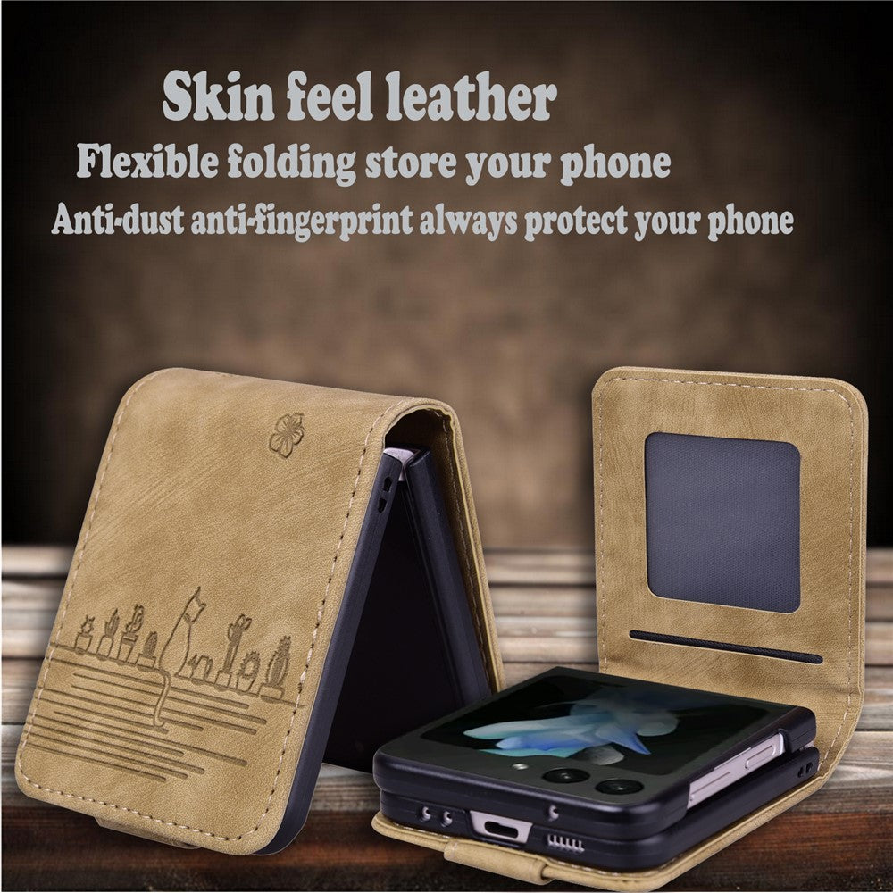 For Samsung Galaxy Z Flip7 FE 5G / Z Flip6 5G Case Leather + PC Cherry Blossom Phone Cover Card Holder - Brown