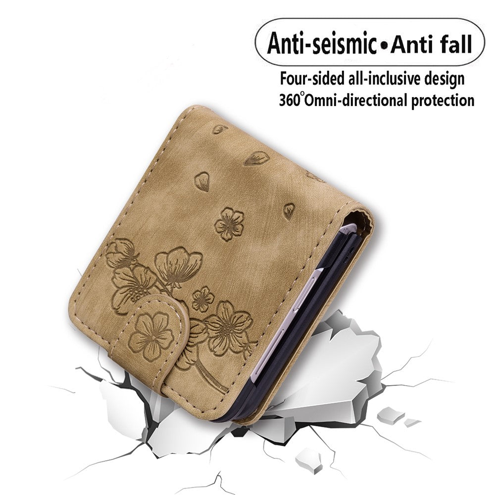 For Samsung Galaxy Z Flip7 FE 5G / Z Flip6 5G Case Leather + PC Cherry Blossom Phone Cover Card Holder - Brown