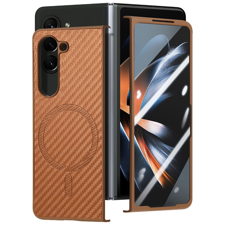 For Samsung Galaxy Z Fold5 5G Magnetic Case Leather+PC Phone Cover with Tempered Glass Film - Brown