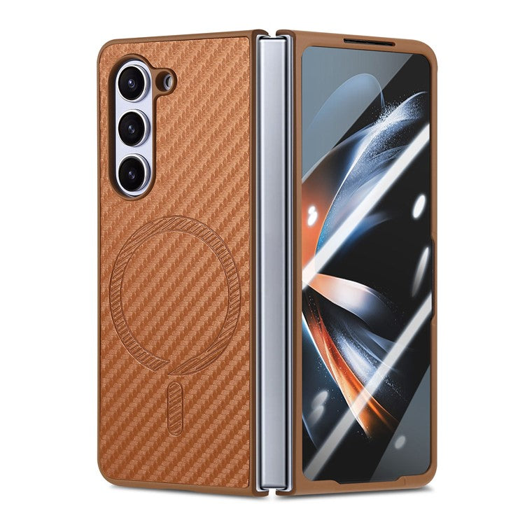 For Samsung Galaxy Z Fold5 5G Magnetic Case Leather+PC Phone Cover with Tempered Glass Film - Brown