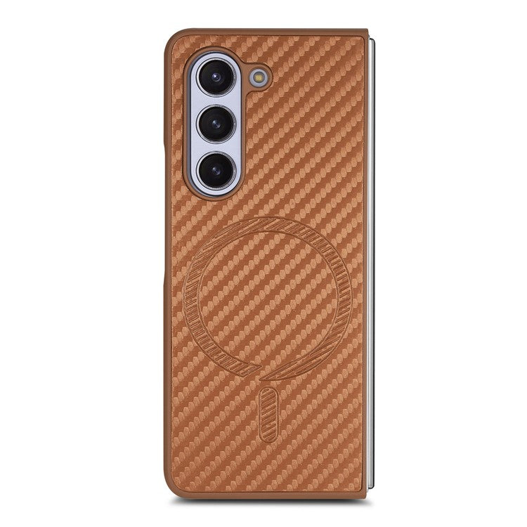 For Samsung Galaxy Z Fold5 5G Magnetic Case Leather+PC Phone Cover with Tempered Glass Film - Brown