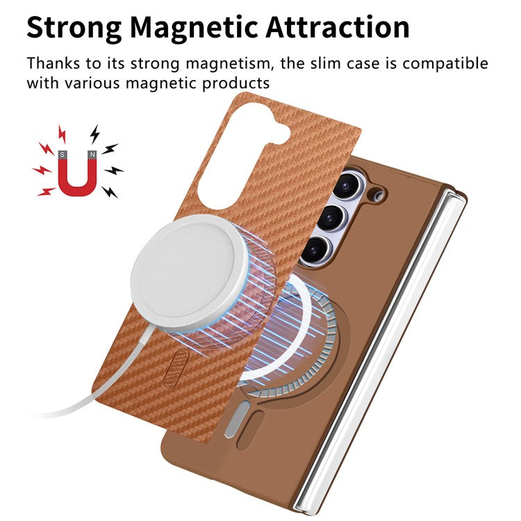 For Samsung Galaxy Z Fold5 5G Magnetic Case Leather+PC Phone Cover with Tempered Glass Film - Brown