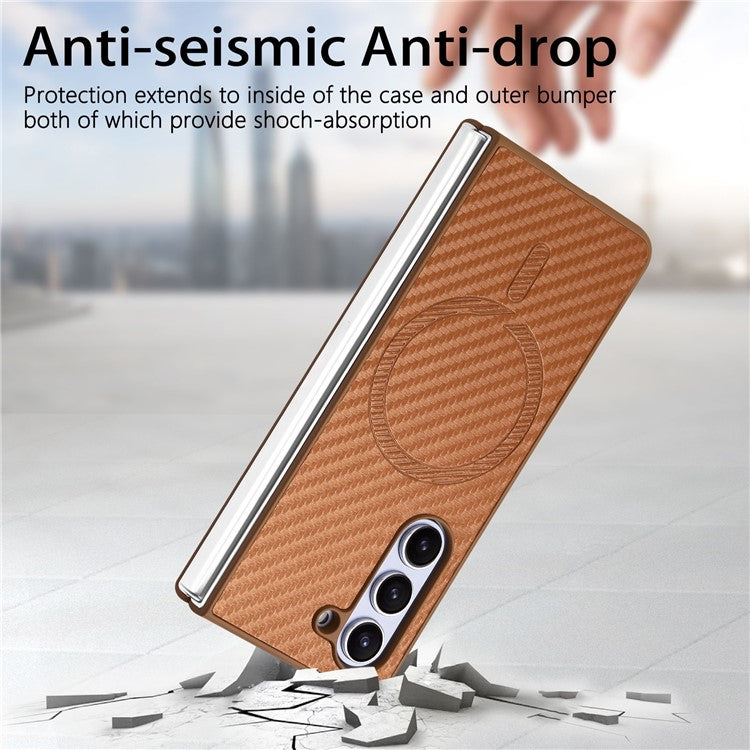 For Samsung Galaxy Z Fold5 5G Magnetic Case Leather+PC Phone Cover with Tempered Glass Film - Brown