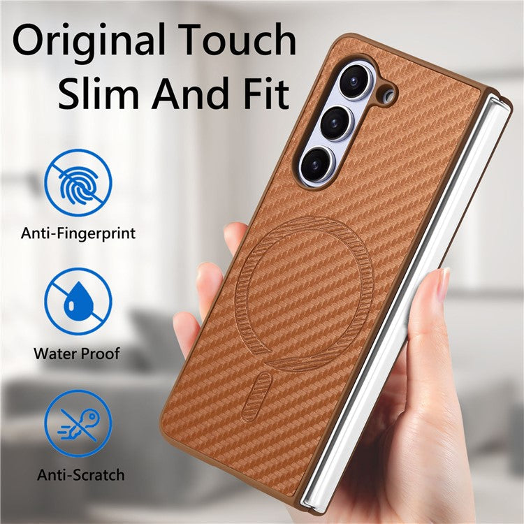 For Samsung Galaxy Z Fold5 5G Magnetic Case Leather+PC Phone Cover with Tempered Glass Film - Brown
