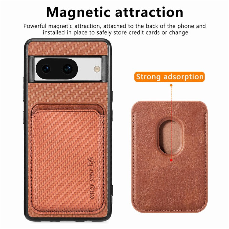 For Google Pixel 8a Case Carbon Fiber Leather Back Cover with Detachable Magnetic Card Bag - Brown