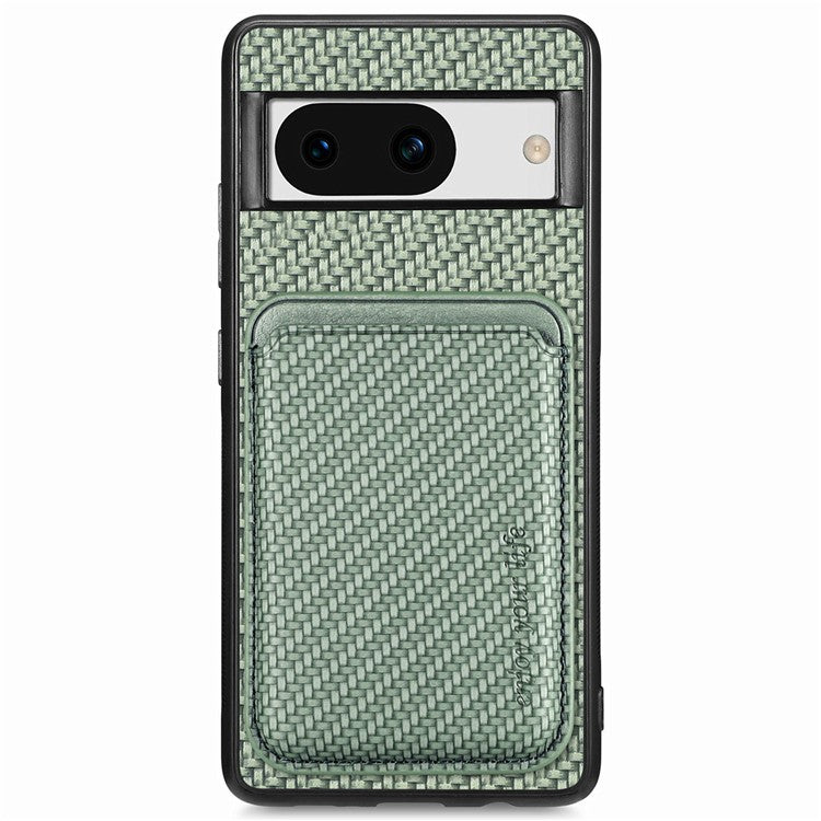 For Google Pixel 8a Case Carbon Fiber Leather Back Cover with Detachable Magnetic Card Bag - Green