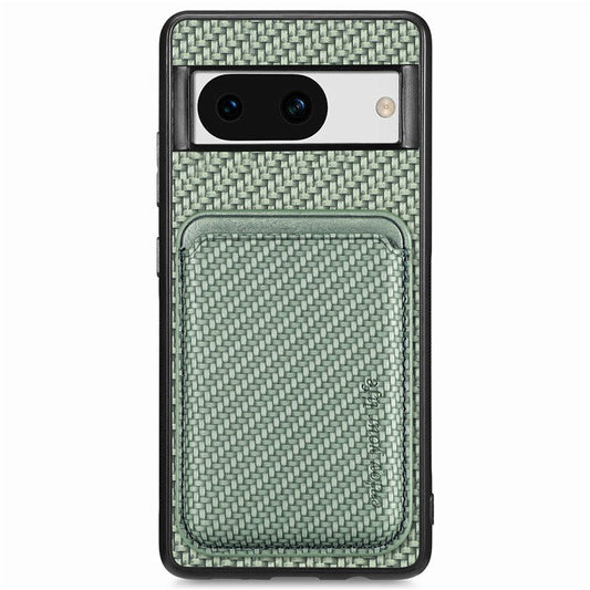 For Google Pixel 8a Case Carbon Fiber Leather Back Cover with Detachable Magnetic Card Bag - Green