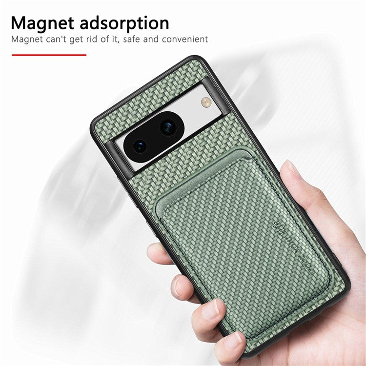 For Google Pixel 8a Case Carbon Fiber Leather Back Cover with Detachable Magnetic Card Bag - Green