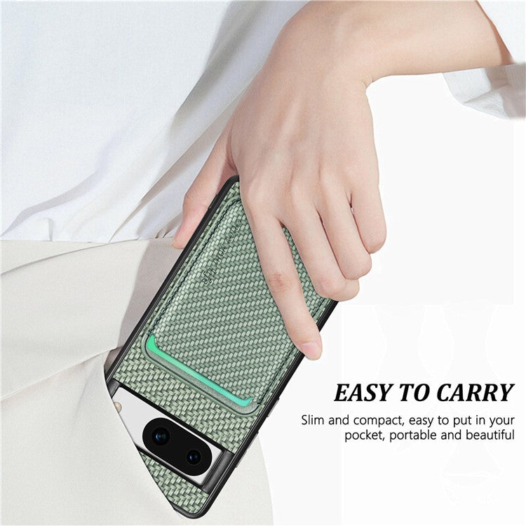 For Google Pixel 8a Case Carbon Fiber Leather Back Cover with Detachable Magnetic Card Bag - Green
