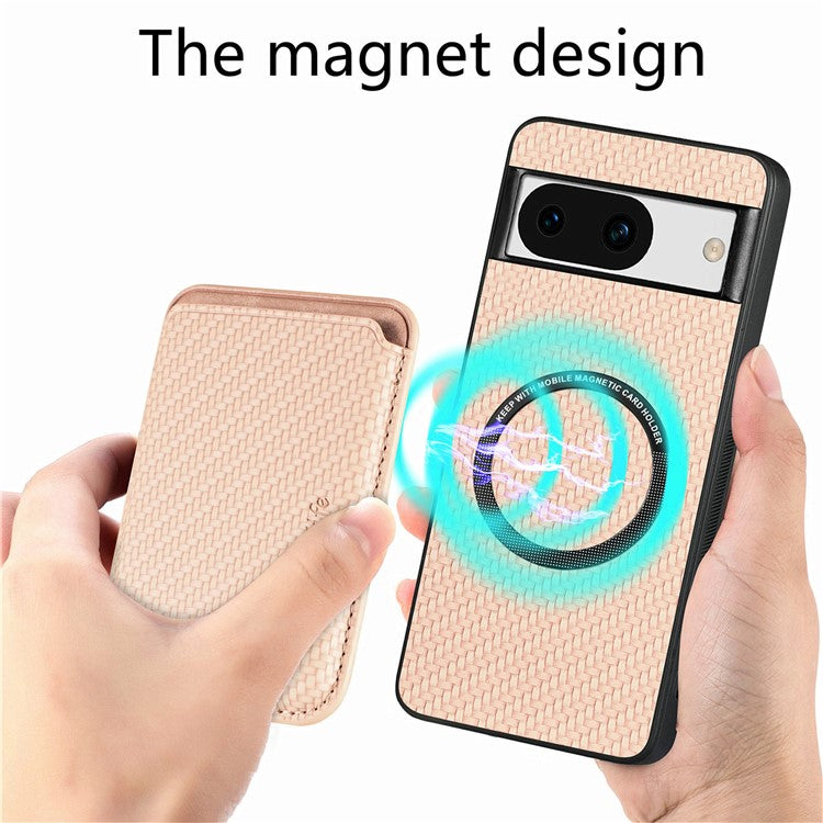 For Google Pixel 8a Case Carbon Fiber Leather Back Cover with Detachable Magnetic Card Bag - Khaki