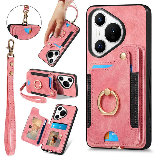 D4 For Huawei Pura 70 Case RFID Blocking Handbag Leather+TPU Phone Cover Card Slots, Ring Holder - Pink