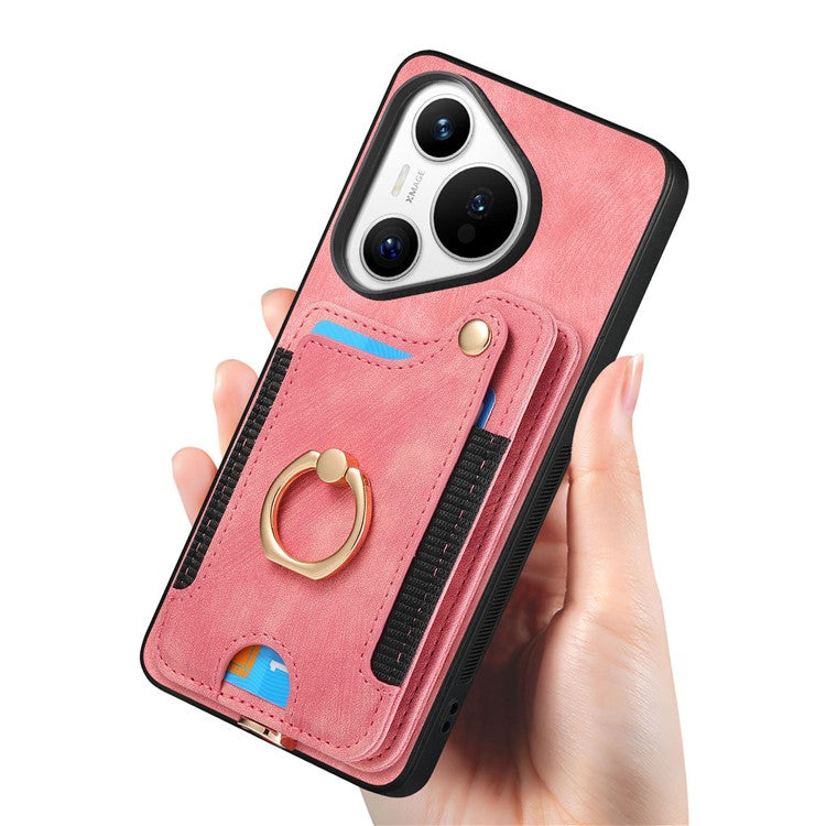 D4 For Huawei Pura 70 Case RFID Blocking Handbag Leather+TPU Phone Cover Card Slots, Ring Holder - Pink