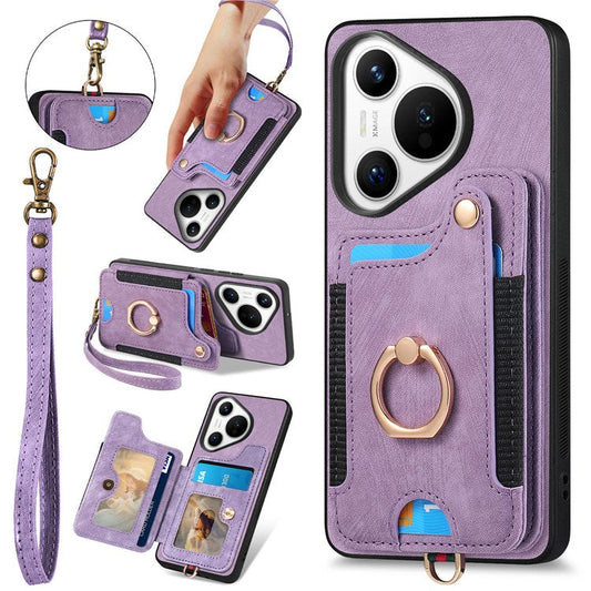 D4 For Huawei Pura 70 Case RFID Blocking Handbag Leather+TPU Phone Cover Card Slots, Ring Holder - Purple