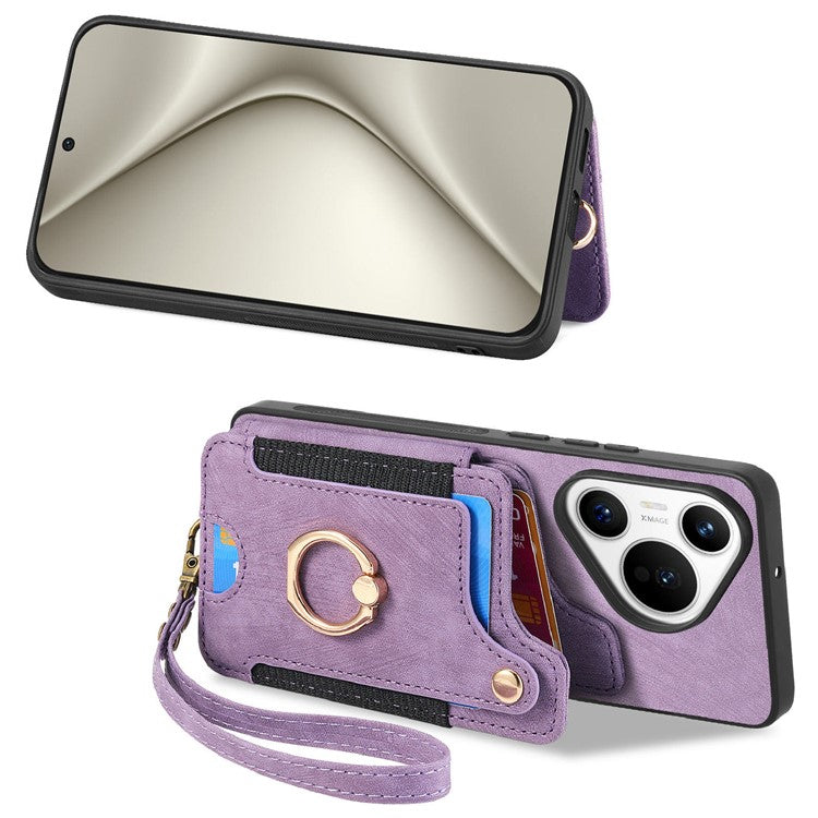 D4 For Huawei Pura 70 Case RFID Blocking Handbag Leather+TPU Phone Cover Card Slots, Ring Holder - Purple