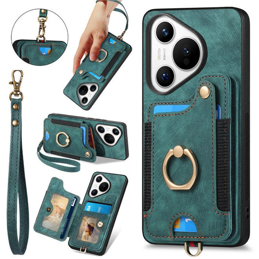 D4 For Huawei Pura 70 Case RFID Blocking Handbag Leather+TPU Phone Cover Card Slots, Ring Holder - Green