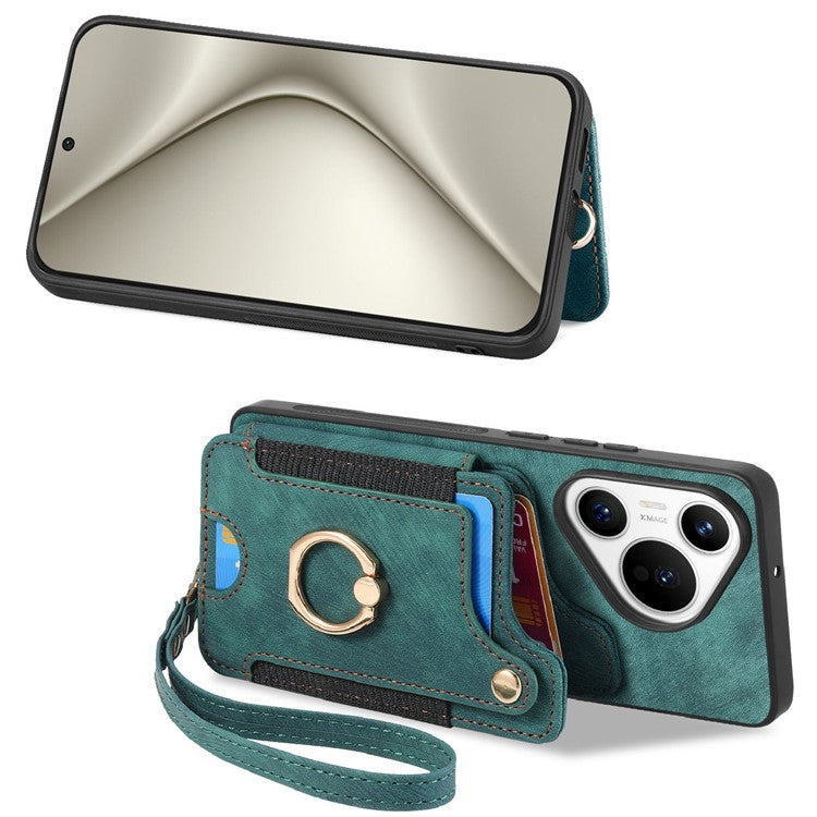 D4 For Huawei Pura 70 Case RFID Blocking Handbag Leather+TPU Phone Cover Card Slots, Ring Holder - Green