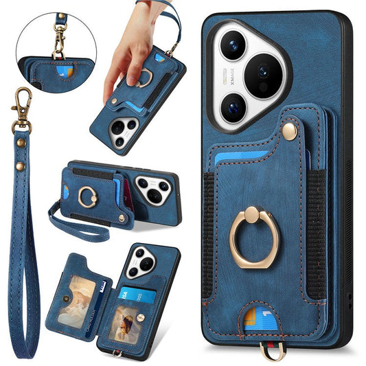 D4 For Huawei Pura 70 Case RFID Blocking Handbag Leather+TPU Phone Cover Card Slots, Ring Holder - Blue