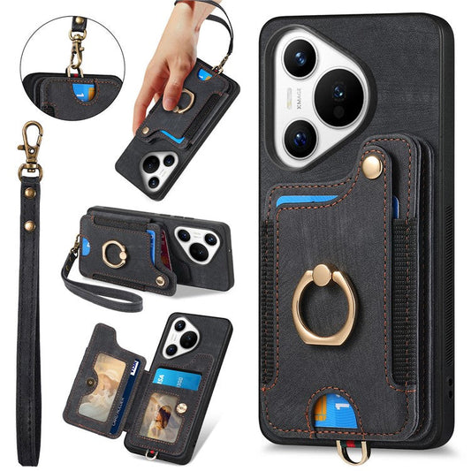 D4 For Huawei Pura 70 Case RFID Blocking Handbag Leather+TPU Phone Cover Card Slots, Ring Holder - Black