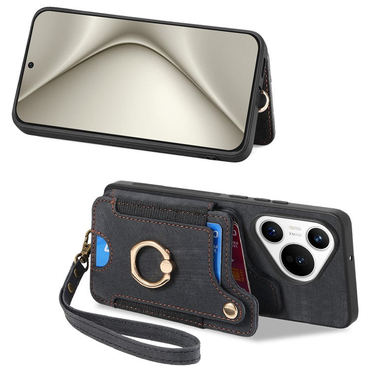 D4 For Huawei Pura 70 Case RFID Blocking Handbag Leather+TPU Phone Cover Card Slots, Ring Holder - Black