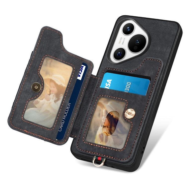 D4 For Huawei Pura 70 Case RFID Blocking Handbag Leather+TPU Phone Cover Card Slots, Ring Holder - Black