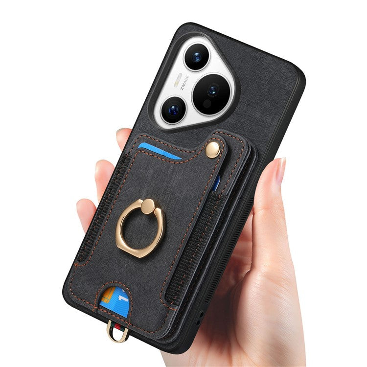 D4 For Huawei Pura 70 Case RFID Blocking Handbag Leather+TPU Phone Cover Card Slots, Ring Holder - Black