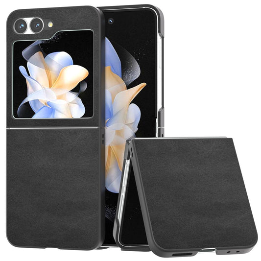 For Samsung Galaxy Z Flip7 FE 5G / Z Flip6 5G Case Cowhide Texture Hard PC+PU Leather Phone Shell - Black