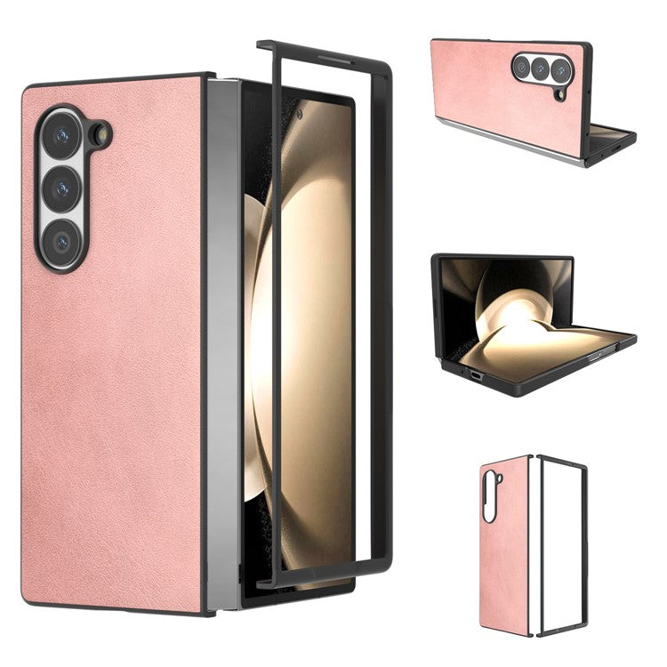 For Samsung Galaxy Z Fold6 5G Case Cowhide Texture Hard PC+PU Protective Phone Cover - Pink