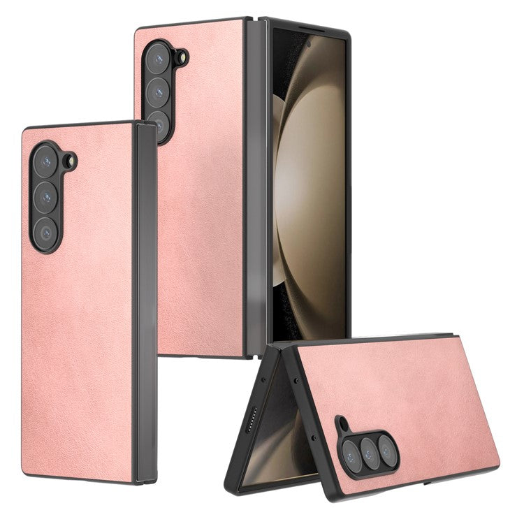 For Samsung Galaxy Z Fold6 5G Case Cowhide Texture Hard PC+PU Protective Phone Cover - Pink