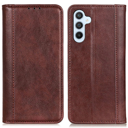 For Samsung Galaxy M35 5G Stand Case Split Leather Litchi Texture Wallet Phone Cover - Brown