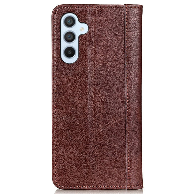 For Samsung Galaxy M35 5G Stand Case Split Leather Litchi Texture Wallet Phone Cover - Brown