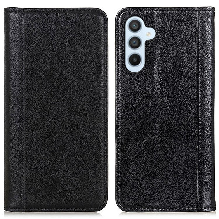 For Samsung Galaxy M35 5G Stand Case Split Leather Litchi Texture Wallet Phone Cover - Black